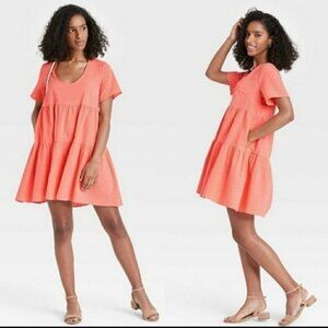 A NEW DAY Flutter Tiered Textured Babydoll Dress Sz M Peach Flowy Oversized